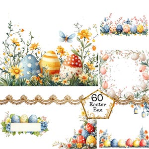 Paquete de imágenes prediseñadas de bordes de huevos de Pascua en acuarela PNG + JPEG, marco floral de huevo de Pascua, descarga instantánea, manualidades de papel, diario basura, álbumes de recortes