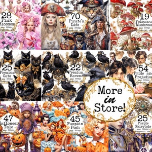 May include: A collage of digital images featuring various themes, including cats, ravens, pirates, mushrooms, flowers, and fairytale characters. Each image is labeled with a number and a descriptive title, such as "Premium Cats", "Pirate's Life", and "Purple Fairytale". The text "More in Store!" is displayed in a large, decorative font.