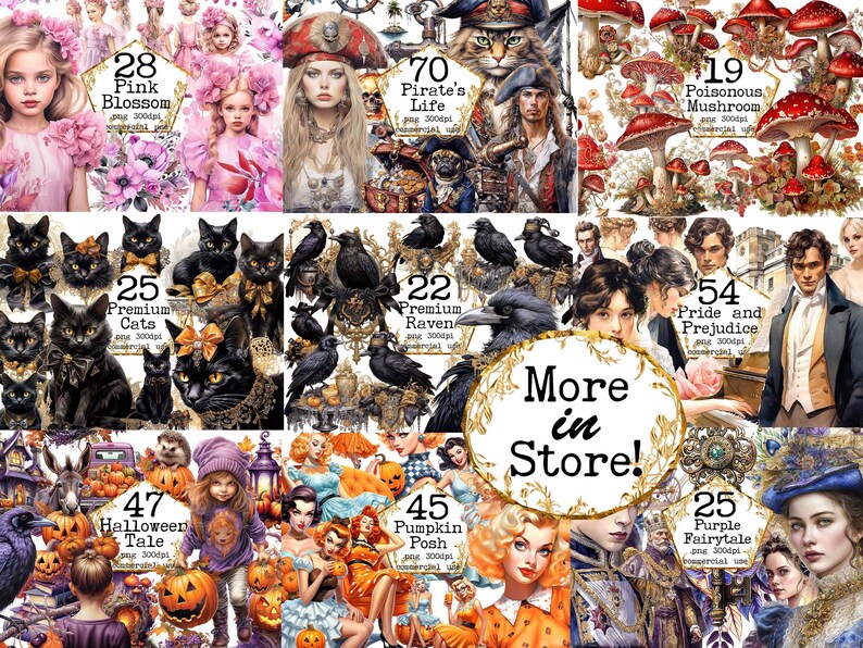 May include: A collage of digital images featuring various themes, including cats, ravens, pirates, mushrooms, flowers, and fairytale characters. Each image is labeled with a number and a descriptive title, such as "Premium Cats", "Pirate's Life", and "Purple Fairytale". The text "More in Store!" is displayed in a large, decorative font.
