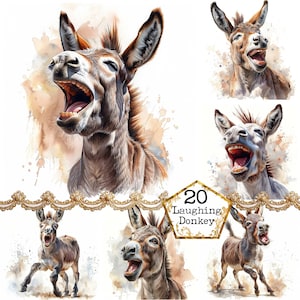 JPEG Laughing Donkey Watercolor Clipart Bundle JPEG Farm Animal Clipart Character Instant Download Paper Crafts Junk Journal Scrapbooking