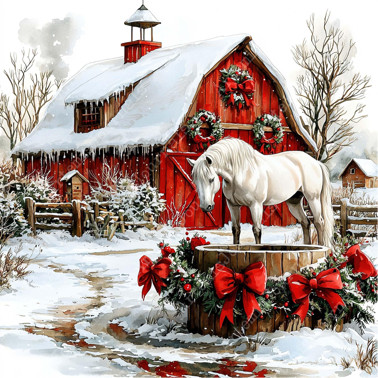 JPEG Watercolor Winter Red Barn With a White Horse and Christmas ...