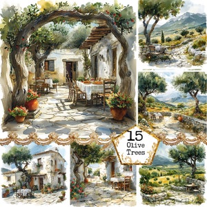 JPEG olijfbomen begroeid dorp landschap JPEG clipart bundel Europese clipart JPEG Instant Download papier ambachten ongewenste dagboek scrapbooking