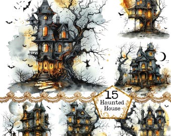 JPEG Watercolor Spooky Haunted House in the Woods Lonely House Halloween House Instant Download Paper Crafts Junk Journal Scrapbooking