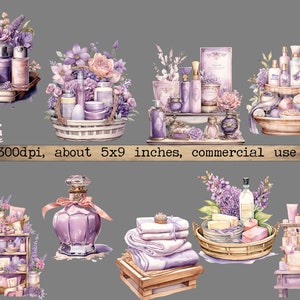 K&ouml;nnte beinhalten: Eine Sammlung von Aquarell-Illustrationen mit Lavendel und Badeprodukten. Die Illustrationen zeigen einen Korb mit Lavendel-Badeprodukten, ein Regal mit Lavendel-Badeprodukten, ein Tablett mit Lavendel-Badeprodukten, einen Korb mit Lavendel-Badeprodukten, ein Regal mit Lavendel-Badeprodukten, ein Tablett mit Lavendel-Badeprodukten und ein Regal mit Lavendel-Badeprodukten. 300dpi, ca. 13x23 cm, kommerzielle Nutzung.