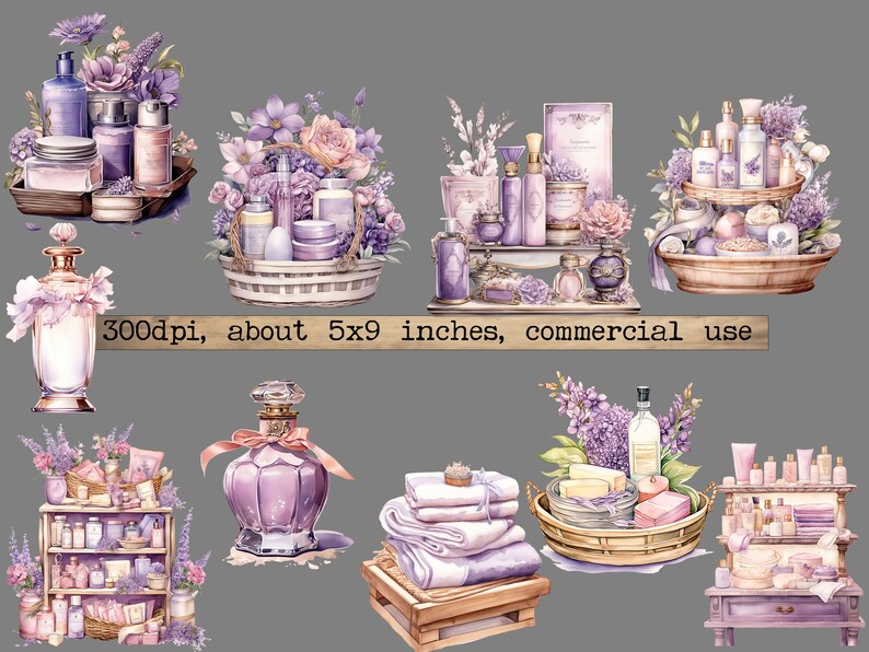 K&ouml;nnte beinhalten: Eine Sammlung von Aquarell-Illustrationen mit Lavendel und Badeprodukten. Die Illustrationen zeigen einen Korb mit Lavendel-Badeprodukten, ein Regal mit Lavendel-Badeprodukten, ein Tablett mit Lavendel-Badeprodukten, einen Korb mit Lavendel-Badeprodukten, ein Regal mit Lavendel-Badeprodukten, ein Tablett mit Lavendel-Badeprodukten und ein Regal mit Lavendel-Badeprodukten. 300dpi, ca. 13x23 cm, kommerzielle Nutzung.