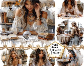 JPEG Watercolor Fortune Teller Lady Clipart Bundle JPEG Vintage House Commercial Use Instant Download Paper Crafts Junk Journal Scrapbooking