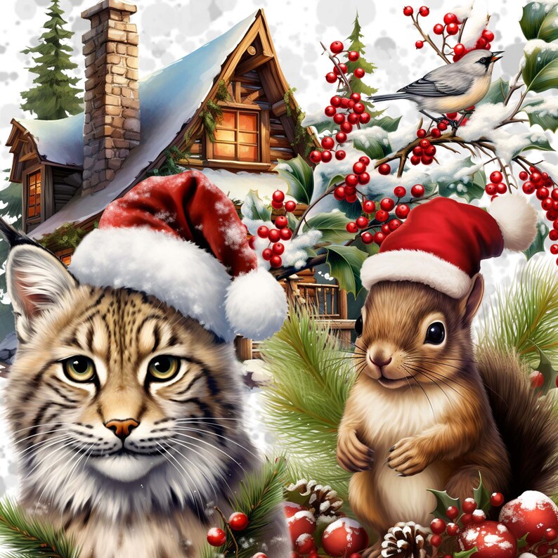 May include: A brown and white tabby cat wearing a red and white Santa hat sits in front of a wooden cabin with a snowy roof. A brown squirrel wearing a red and white Santa hat sits on a branch of a holly bush with red berries.