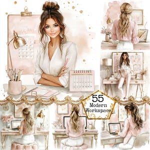 JPEG Acquerello Accogliente Lavoro Da Casa Clipart Bundle Donna D'affari Donna Elegante Rosa Download Istantaneo Carta Artigianato Diario Spazzatura Scrapbooking