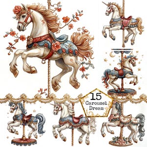 Paquete de imágenes prediseñadas de caballos de carrusel JPEG Carrusel de acuarela Uso comercial Parque lunar Descarga instantánea Manualidades de papel Diario basura Scrapbooking