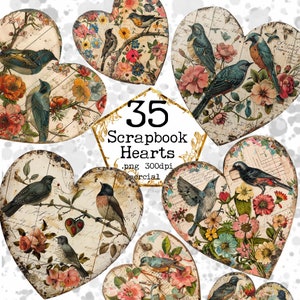 Pacote de clipart de corações de madeira vintage, clipart de pássaros vintage, corações florais, download instantâneo comercial, artesanato de papel, diário, álbum de recortes