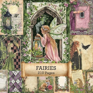 May include: A watercolour collage with illustrations of fairies, candles, and natural elements. The central image depicts a fairy with long blonde hair and a pink dress, near a jar with candles. The text "FAIRIES 210 Pages" is displayed on a scroll.