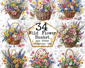 Watercolor Wild Flowers Baskets Clipart Bundle Spring Clipart Watercolor Flowers PNG Instant Download Paper Crafts Junk Journal Scrapbooking