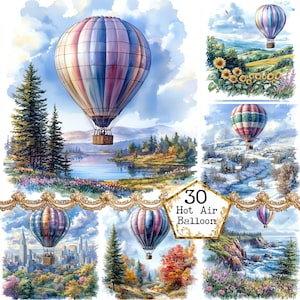 JPEG Aquarell Heißluftballon fliegen Clipart Bundle viktorianischen kommerziellen Nutzung Sofort-Download Papier Handwerk Junk Journal Scrapbooking