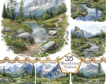 JPEG Watercolor Mountain Vistas Clipart Bundle JPEG Landscape Clipart Forest Clipart Instant Download Paper Crafts Junk Journal Scrapbooking