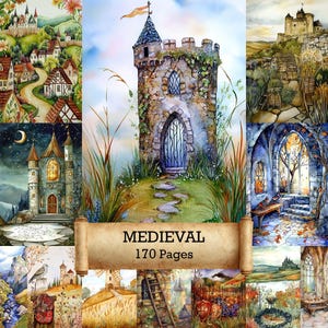 170 páginas medievales en acuarela: páginas imprimibles, diario basura de castillos y torres, hoja de collage digital vintage