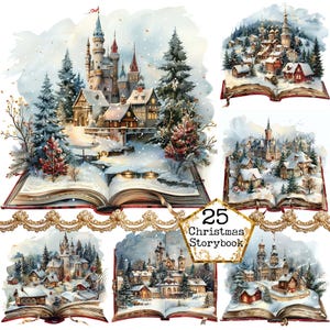 Paquete de imágenes prediseñadas de libros con paisajes de invierno de fantasía en formato JPEG, libro mágico, ciudad mágica de Navidad, descarga instantánea, manualidades de papel, diario basura, álbumes de recortes