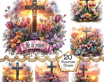 Może przedstawiać: Zestaw 20 obrazów cyfrowych przedstawiających drewniany krzyż na tle wschodu słońca i kwiatów. Tekst "He is risen" znajduje się na różowej wstążce.