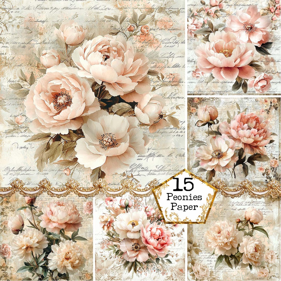 JPEG Scrapbook Peonies Digital Papers Pack 12x12 Inches Weathered ...