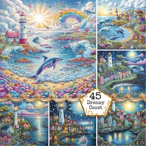JPEG Illustrations d'une ville côtière fantaisiste Ville fantaisiste Village lunatique Nautique Téléchargement instantané Travaux manuels en papier Junk Journal Scrapbooking