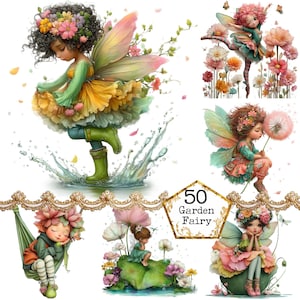 Puede incluir: Una compilación de arte digital con seis hadas de jardín caprichosas. Cada hada está adornada con detalles florales, alas y atuendos coloridos. La imagen incluye un elemento de texto central que dice "50 Garden Fairy". Las hadas están sobre un fondo blanco.