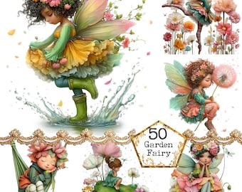 Garden Fairy - Watercolor Clipart Bundle PNG + JPEG format Paper Crafts Junk Journal Scrapbooking
