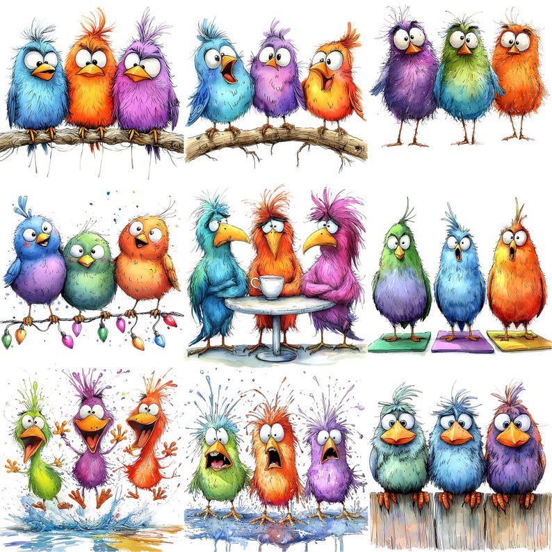 a group of colorful birds sitting on top of a tree branch