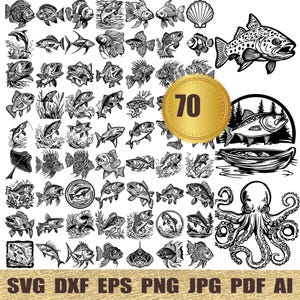 Könnte beinhalten: Ein Set mit 70 Schwarzweiß-Vektorillustrationen verschiedener Fische, Meeresbewohner und nautischer Designs. Die Illustrationen umfassen eine Vielzahl von Fischen, wie Thunfisch, Lachs und Barsch, sowie andere Meeresbewohner, wie einen Oktopus, eine Krabbe und einen Seestern. Die nautischen Designs umfassen eine Muschel, ein Boot und einen Leuchtturm.