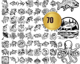 May include: A set of 70 black and white vector illustrations of various fish, sea creatures, and nautical designs. The illustrations include a variety of fish, such as tuna, salmon, and bass, as well as other sea creatures, such as an octopus, a crab, and a starfish. The nautical designs include a seashell, a boat, and a lighthouse.