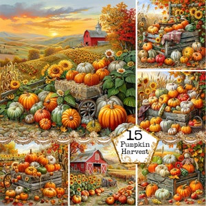 Autumn Harvest with Barn pumpkins and Autumn Leaves Clipart Bundle JPEG Commercial Instant Download Paper Crafts Junk Journal Scrapbooking