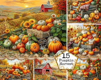 Autumn Harvest with Barn pumpkins and Autumn Leaves Clipart Bundle JPEG Commercial Instant Download Paper Crafts Junk Journal Scrapbooking
