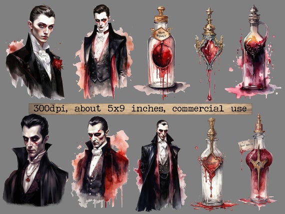 Watercolor Gothic Vampire Bundle Clipart - Dark Fantasy Watercolor