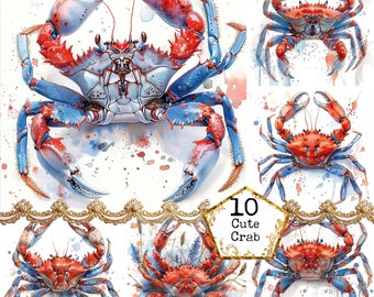 JPEG Watercolor Crab Clipart Bundle Summer Clipart Ocean Life Printable Art Instant Download Paper Crafts Junk Journal Scrapbooking