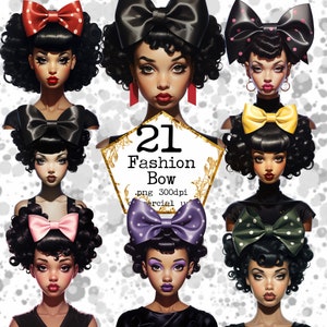 Fashion Girl With Bow Watercolor Clipart Bundle Girl Boss Clipart Boss Lady PNG Black Girl Clipart Paper Crafts Junk Journal Paper Crafts