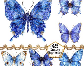 PNG + JPEG  Watercolor Indigo Moth Clipart Bundle Spring Clipart Mystical Moths Art Instant Download Paper Crafts Junk Journal Scrapbooking