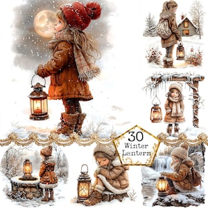 JPEG Aquarell Süßes kleines Mädchen und Laterne Clipart Bundle JPEG Winter Clipart Sofortiger Download Papier Handwerk Junk Journal Scrapbooking