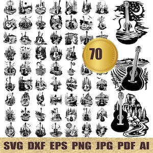 May include: A set of 70 black and white SVG cut files featuring a variety of guitar designs with nature scenes. The designs include mountains, trees, rivers, and other natural elements. The guitar designs are in various styles, including acoustic, electric, and classical guitars.