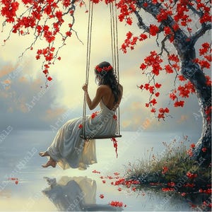 JPEG Ragazza su un'altalena su un lago nebbioso Grafica Bella ragazza Illustrazione Dolore Download immediato Artigianato di carta Diario spazzatura Scrapbooking