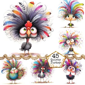 Paquete de imágenes prediseñadas de pavo peculiar JPEG, pavo caprichoso, pájaro peculiar, imágenes prediseñadas, descarga instantánea, manualidades de papel, diario basura, álbumes de recortes