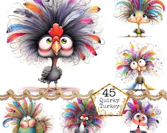 May include: A collection of whimsical turkey illustrations with vibrant, colorful feather headdresses. Each turkey has a unique design, with a variety of expressions and poses. The text "45 Quirky Turkey" is displayed in a gold-framed shape.