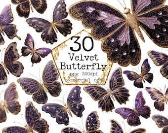 PNG Velvet Brocade Butterfly Clipart Bundle Glitter Butterfly PNG Instant Download Paper Crafts Junk Journal Scrapbooking Card Making