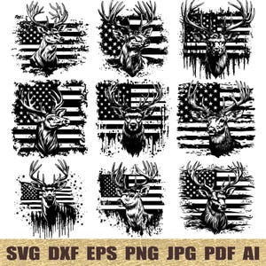 May include: Nine black and white digital illustrations of a deer head with antlers in front of a distressed American flag background.