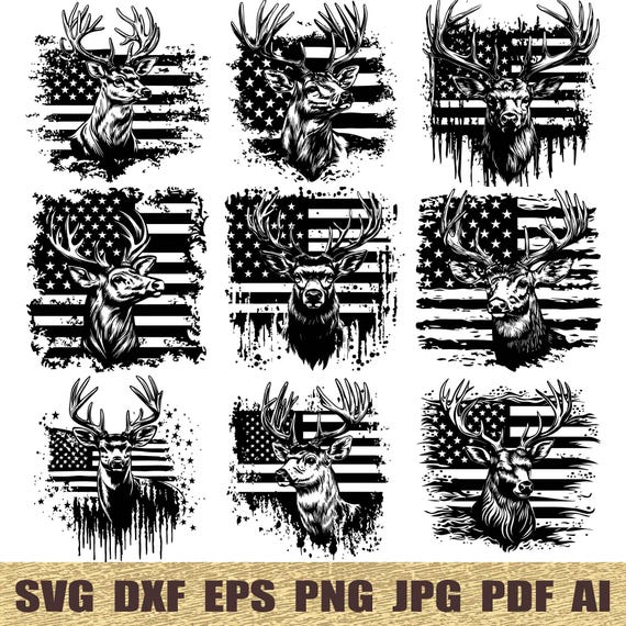 10 Patriotic Deer svg, dxf, eps, ai, pdf, jpg, png, Deer American Flag, Distressed Flag Png, Forest SVG Deer Silhouette Cut File Cricut