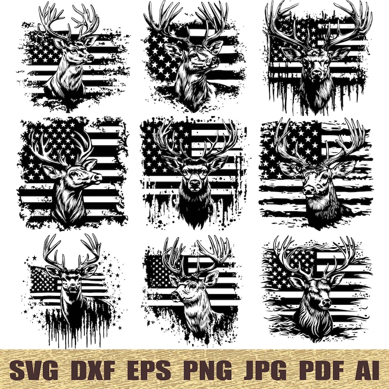 May include: Nine black and white digital illustrations of a deer head with antlers in front of a distressed American flag background.