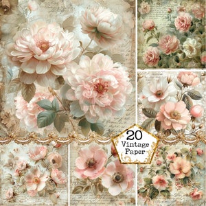 Documenti di sfondo JPEG Vintage Peonies, pacchetto di carta digitale Download istantaneo Uso commerciale Artigianato di carta floreale Junk Journal Scrapbooking