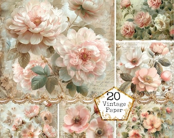 Può includere: Un collage di 20 disegni di carta vintage con delicati fiori rosa e bianchi con un motivo floreale su uno sfondo crema. Il testo "20 Vintage Paper" è in una forma a stella dorata.