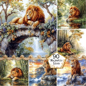 Pacote de clipart de leão majestoso em aquarela JPEG Animal africano Safari Animal Clipart Download instantâneo Papel Artesanato Junk Journal Scrapbooking