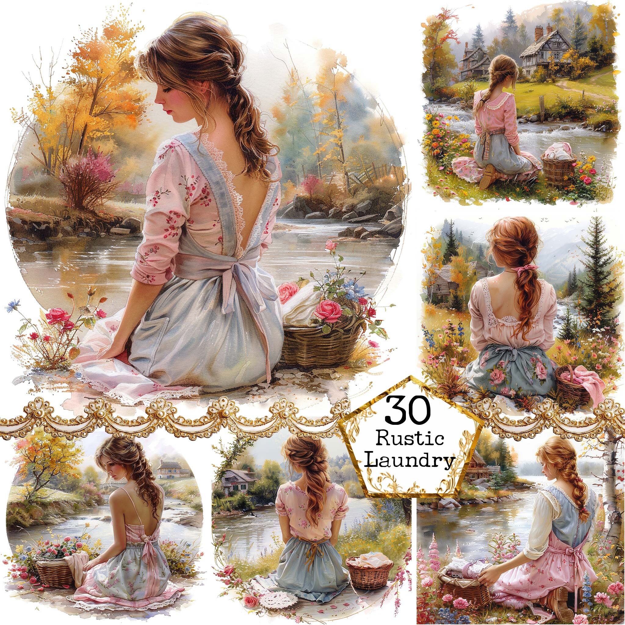 Vintage Shabby Chic Girl at the River Washing Clothes JPEG Laundry Day ...