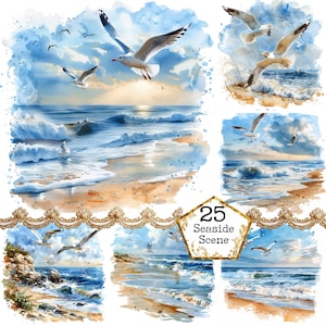 Spiaggia dell'acquerello e gabbiani JPEG Download immediato Paesaggio di spiaggia selvaggia Commerciale Clipart Rocce Oceano Carta Mestieri Junk Journal Scrapbooking
