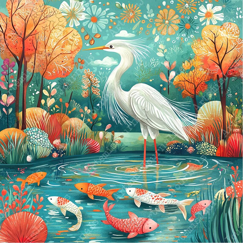 a painting of a crane and fish in a pond