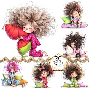 JPEG Watercolor Quirky Sleepy Girl Clipart Bundle Whimsical Girl Ephemera Art Instant Download Paper Crafts Junk Journal Scrapbooking